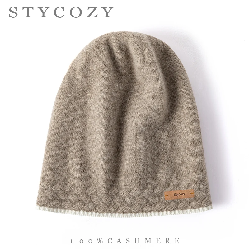 100%Cashmere Slouchy Uncuffed Beanie Heather Braided Knit Trim Contrast White Edge Hat Soft Luxury Winter Daily Commute Cap