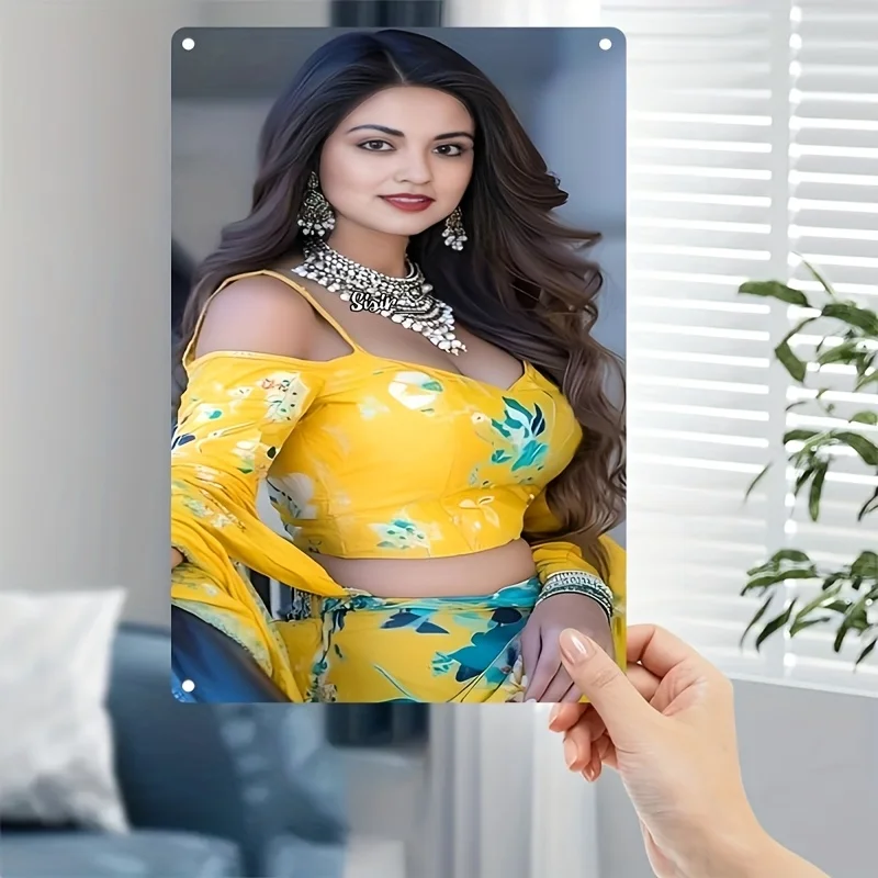 

Metal Sign Plate - Elegant Female Portrait Poster With Floral Accent - Durable Iron Construction - For Home, Cafe, Bar