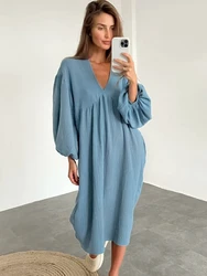 Mozuleva 100% Cotton Women's  Pajama Skirt Long V-neck  Sexy Dress Fashion Ladies Solid Loose Morning Robe Women's Home Clothing