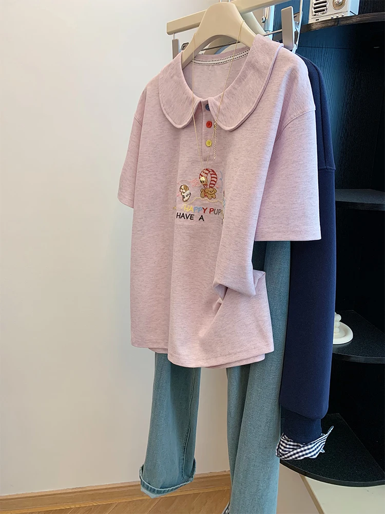 

Розовый, фиолетовый ort Sve, женская летняя корейская футболка с вышивкой, повседневная свободная футболка с уникальным дизайном