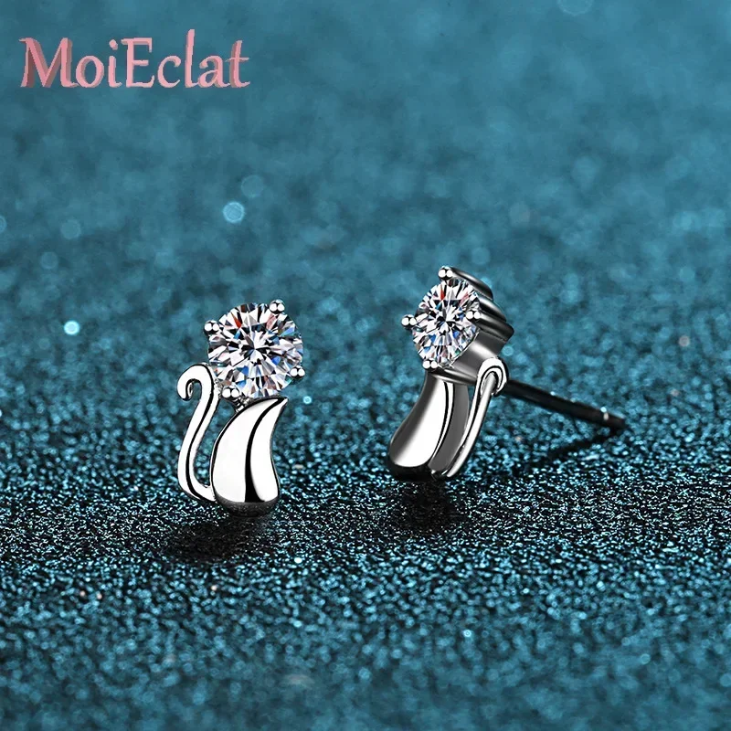 Floral 0.6ct Moissanite Ear Stud for Women Cute Little Cat Earrings Platinum PT950 Setting Spring Collection Jewelry Girl Gifts