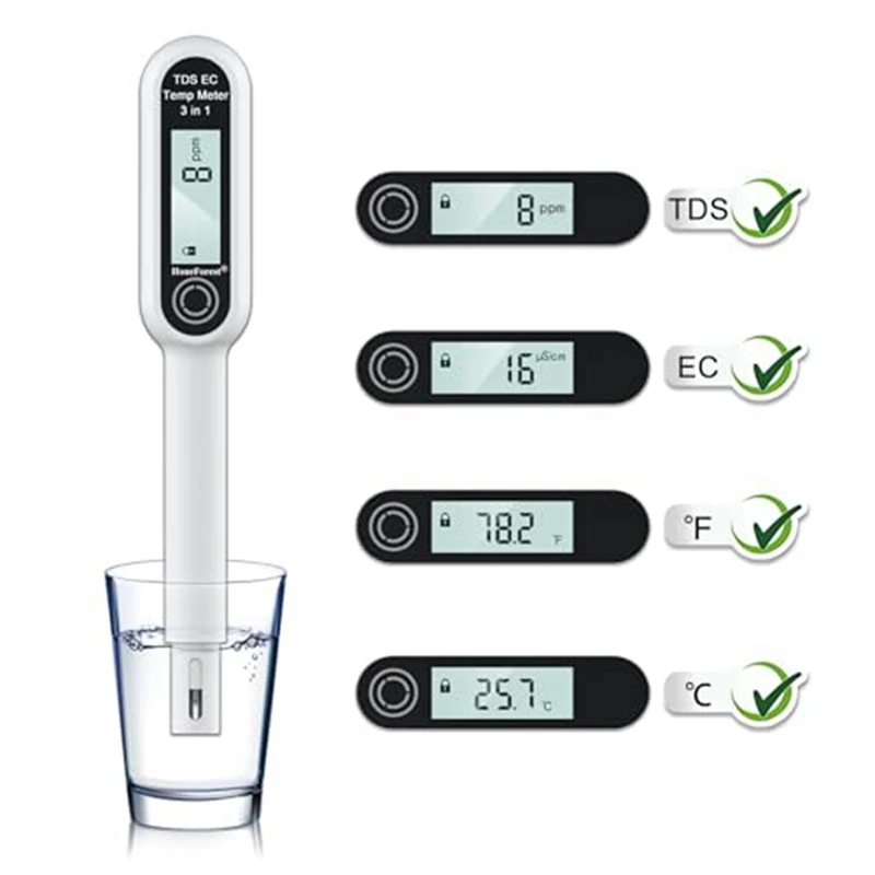 مقياس TDS، مقياس EC، مقياس الحرارة 3 في 1، جهاز اختبار المياه الرقمي بدقة TDS، دقيق دائمًا عند درجات حرارة مختلفة متينة