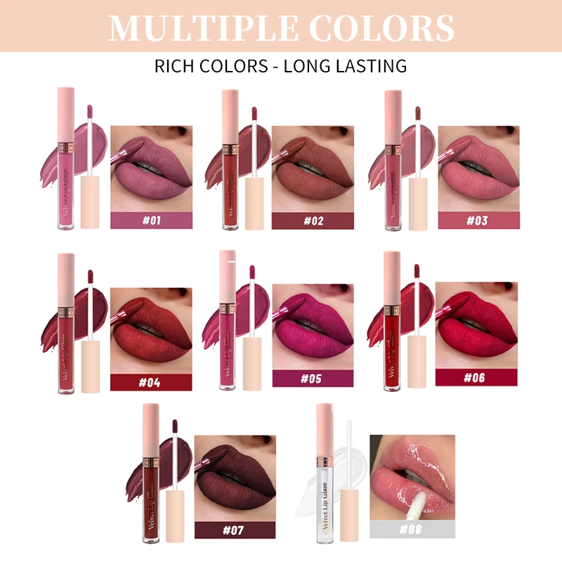 Juego de lápiz labial líquido mate, 7 colores, brillo de labios duradero e resistente al agua, esmalte de labios de taza antiadherente, tinte de labios mate de terciopelo