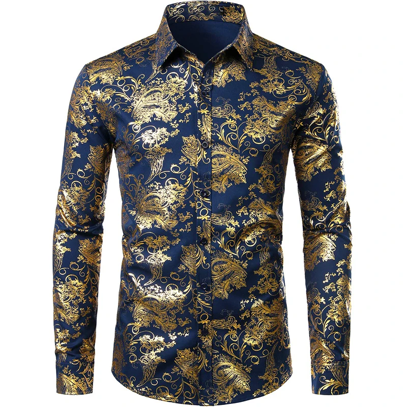 Men\'s Luxury Gold Floral Dress Shirt 3D Full Print Long Sleeve Button Down Shirts For Party Mens Casual Dress Blouse Tops