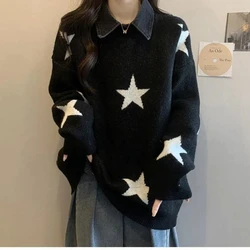 Vintage Fashion Women Sweaters Spring Autumn New Fake Two Pieces POLO Collar Cowboy Patchwork Sweet Loog Sleeve Midi Knitd Tops