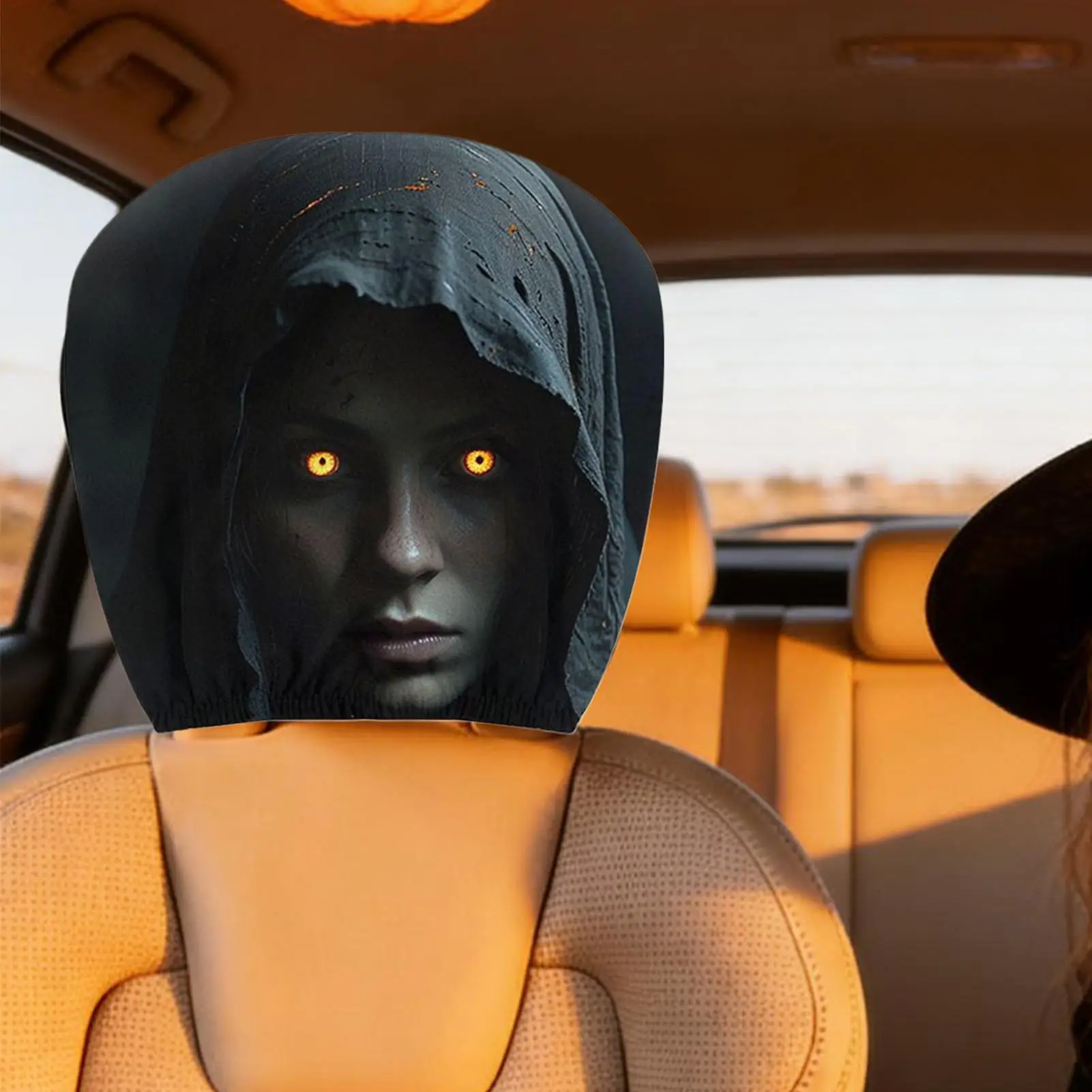 2pcs Halloween Scary Reaper Lady Print Car Headrest Covers Horror Style Vehicle Seat Head Cover Halloween Party Car Decoration
