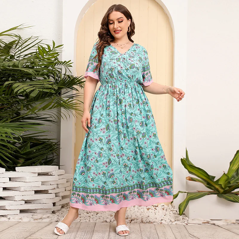 

Женское летнее повседневное платье макси с зеленым цветочным принтом и v-образным вырезом, коротким рукавом, розовой отделкой, присборенной талией