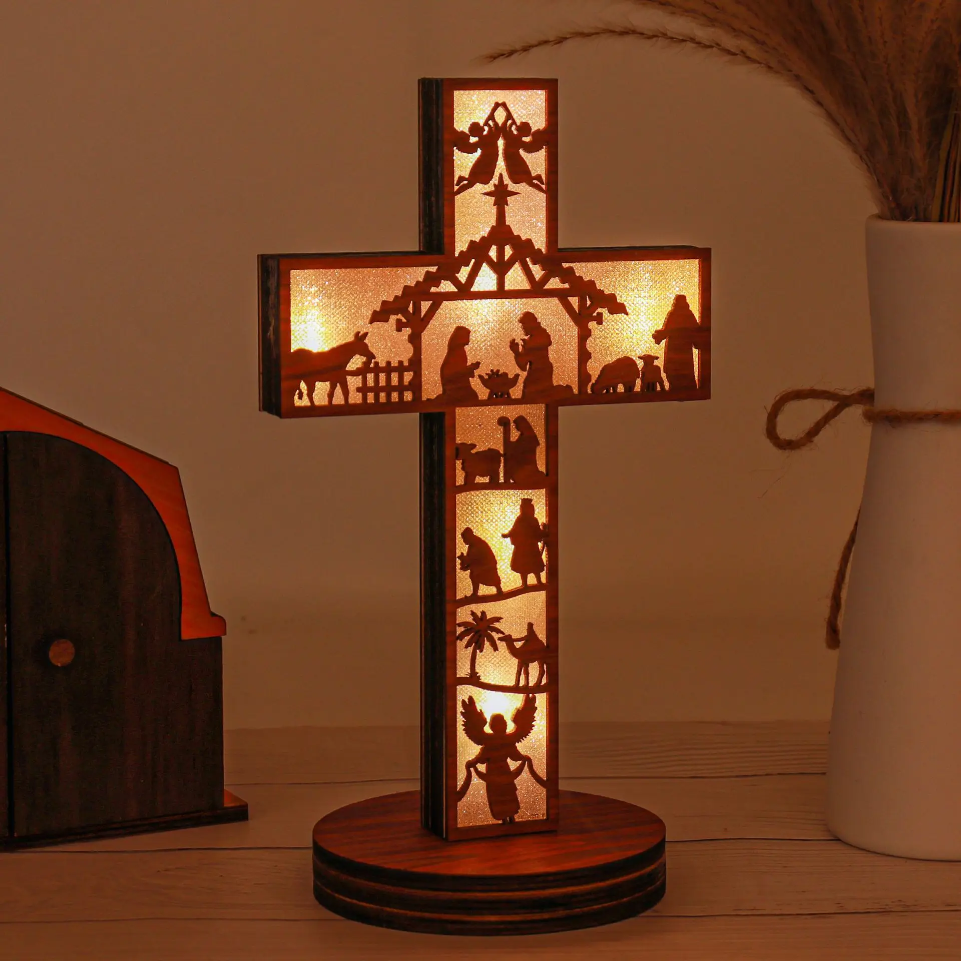 Wooden Nativity Scene Illuminated Cross Home Wood Carving Handicraft Decorative Ornament Church Cross Pendant Christmas Gift