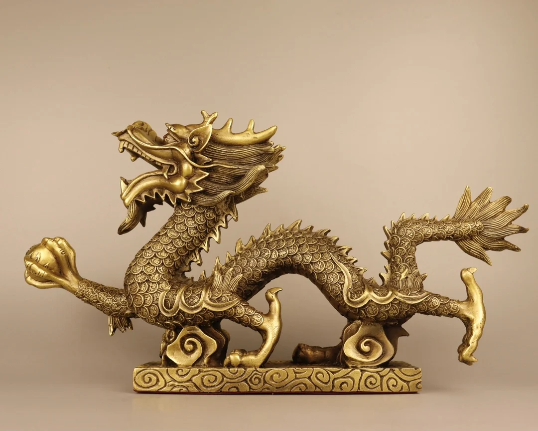 Tibetan Temple Collection Seikos Brass Dragon Statue dragon play ball Lucky bless Gather fortune ornament Town house Exorcism