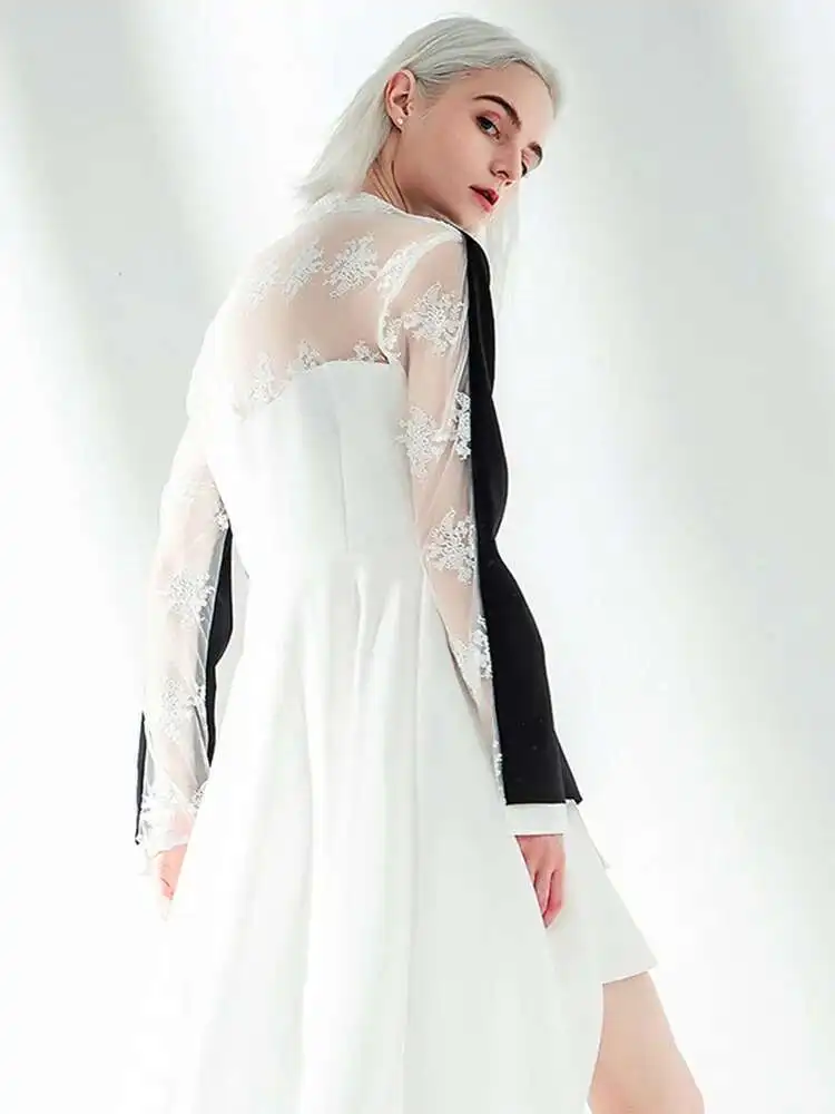 Women Back Long Lace Long Elegant Blazer New Lapel Long Sleeve Loose Fit Jacket Fashion Tide Spring Autumn