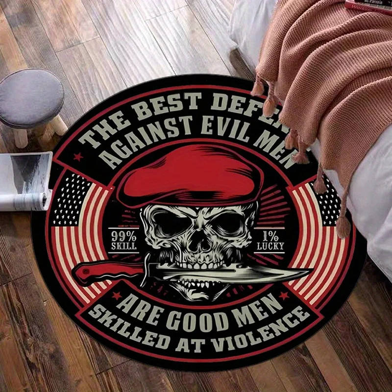 Skull and Knife Round Rug American Flag Design 99 Skill 1 Luck Decorative Floor Mat for Bedroom Living Room Home Decoration