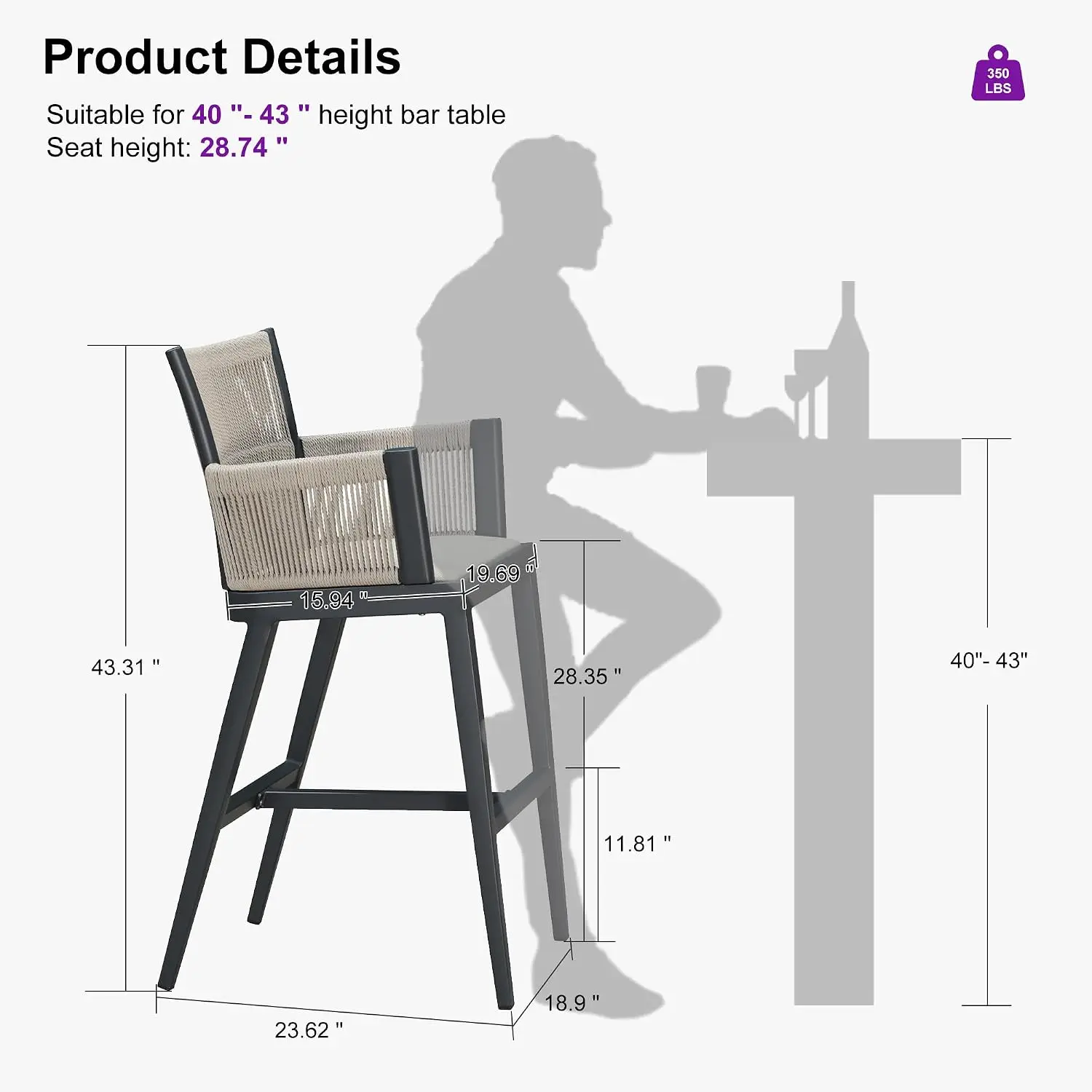High Back Bar Stool Set of 2 with Armrest, Woven Rope & Fixed Cushion, Aluminum Frame Patio Furniture, Grey, Customized
