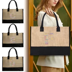 Bolso de compras de yute para mujer, bolsa de playa de gran capacidad, estampado de texto, serie de letras, Totes informales