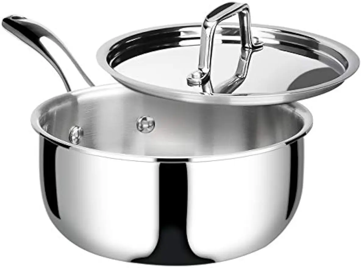 

3 Quart Tri-Ply Stainless Steel Saucepan with Lid, Induction Compatible Cookware for Even Heating