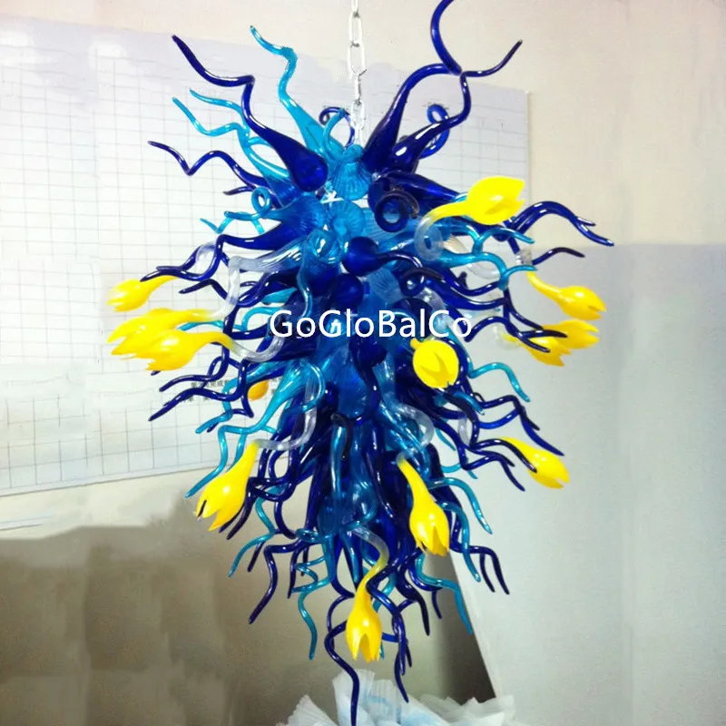 Candelabro de cristal soplado a mano, Chihuly lámpara colgante LED de estilo de flores, Color azul y amarillo