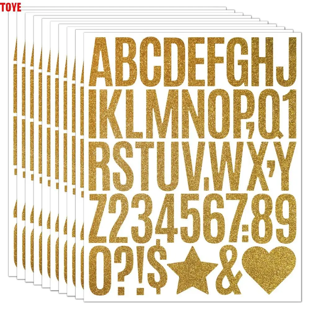 5 Sheets English Letter a-Z Glitter Letter Stickers 2/1.5 Inch Sparkling Alphabet Big Letter Stickers Heart Gold