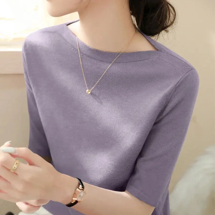 

New Summer Mid-sleeve Knit French Sweater Top Slim Half-sleeved Straight Shoulder Collar Base Top Women