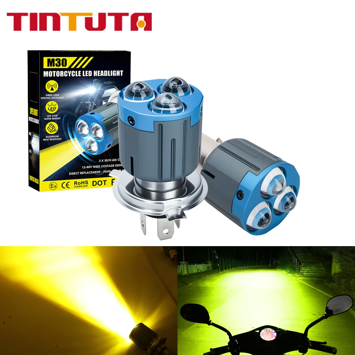 

1PC H4 BA20D LED Motorcycle Headlight 30W 3 Lens Dual Color Fog Lamp Day Running Light Motorbike Scooter Running Light 12V