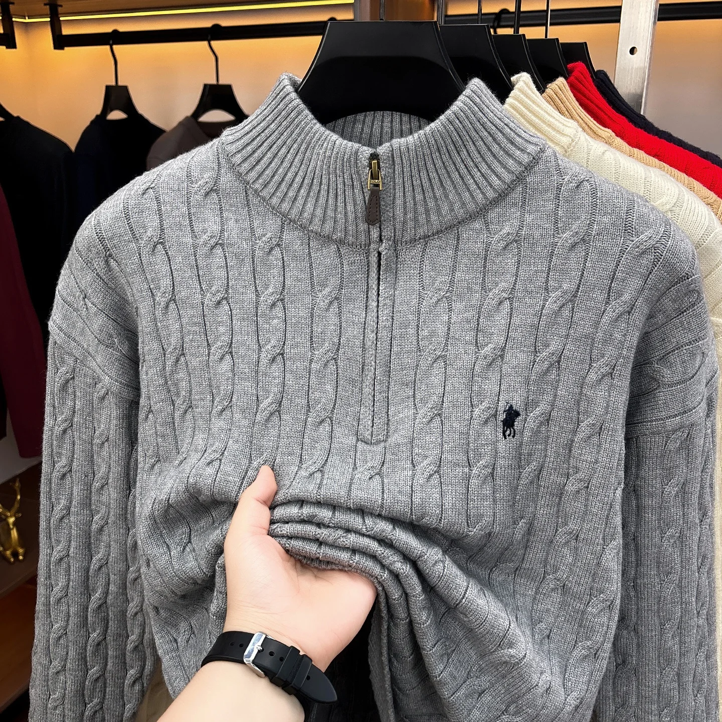 Hochwertige Mode Reißverschluss Kragen Pullover Männer Persönlichkeit Zipper Luxusmarke Pony Stickerei Herbst Winter Warm Stricken Sweater – Detail 15