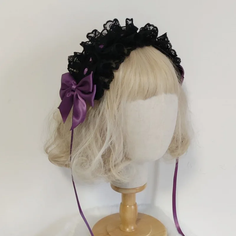 Gothic Lolita Mini Hat Set – Black Purple Rose Lace Headpiece with Bow Clip, Wrist Cuffs & Hairband Accessories for Cosplay or C