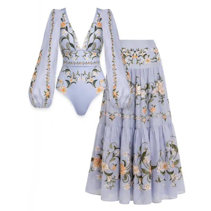 Flaxmaker Women Swimsuit Sets 2026 Summer V Neck Long Sleeves Printed Beachwear Ladies Party Swimwear Biquini conjunto de