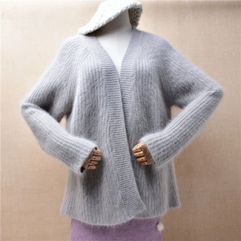 

Ladies Women Fall Winter Clothing Hairy Angora Rabbit Hair Knitted Long Sleeves Loose Cardigans Mantle Jacket Sweater Coat Pull