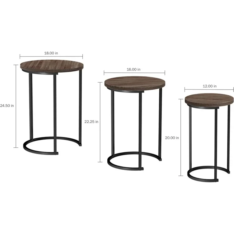 Lavish Home Set of 3 Round Living Room Nesting or End Tables with Black Metal Base, Gray-Brown