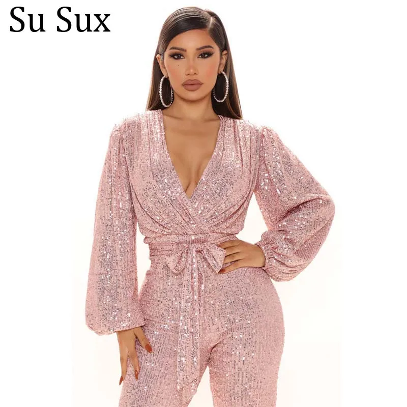 

Sequin Rompers Womens Sexy Deep V Neck Long Sleeve Glitter Jumpsuit Wide Leg Pants Party Outfits Overalls 2022 Spring