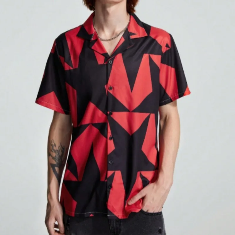 

Contrast Fashion Spring Summer Casual Vintage Loose Men Versatile Beach Wear Shirt Outfit Button Stars Printed Short Sleeve Top