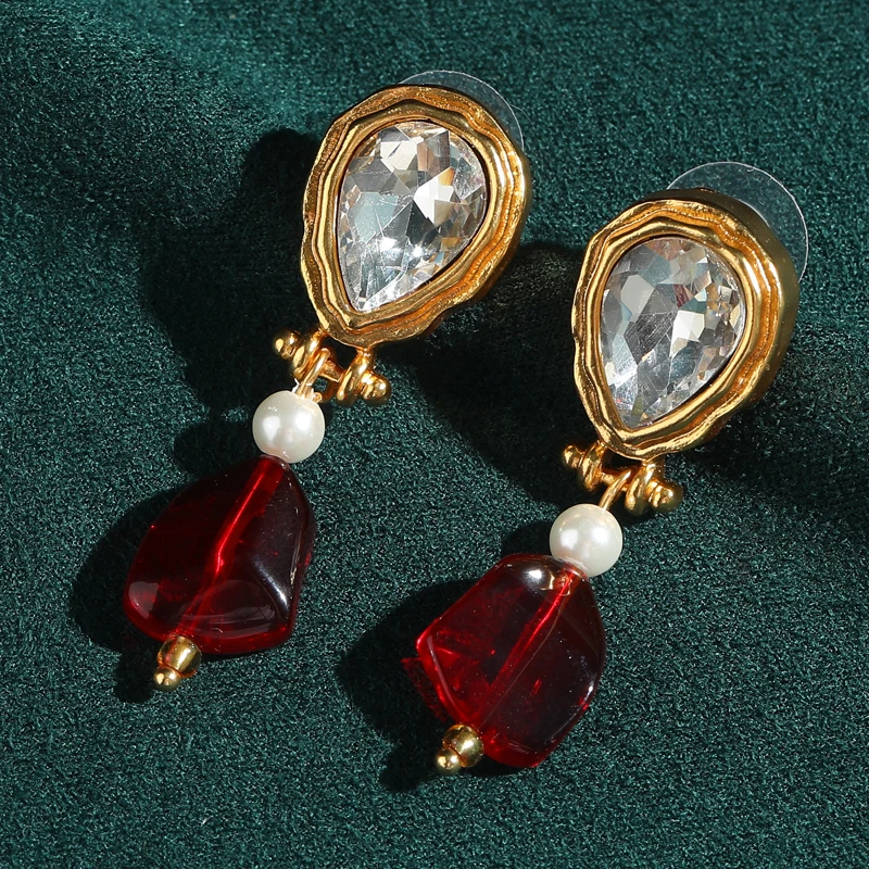Vintage Alien Red Crystal Water Drop Earrings Charm