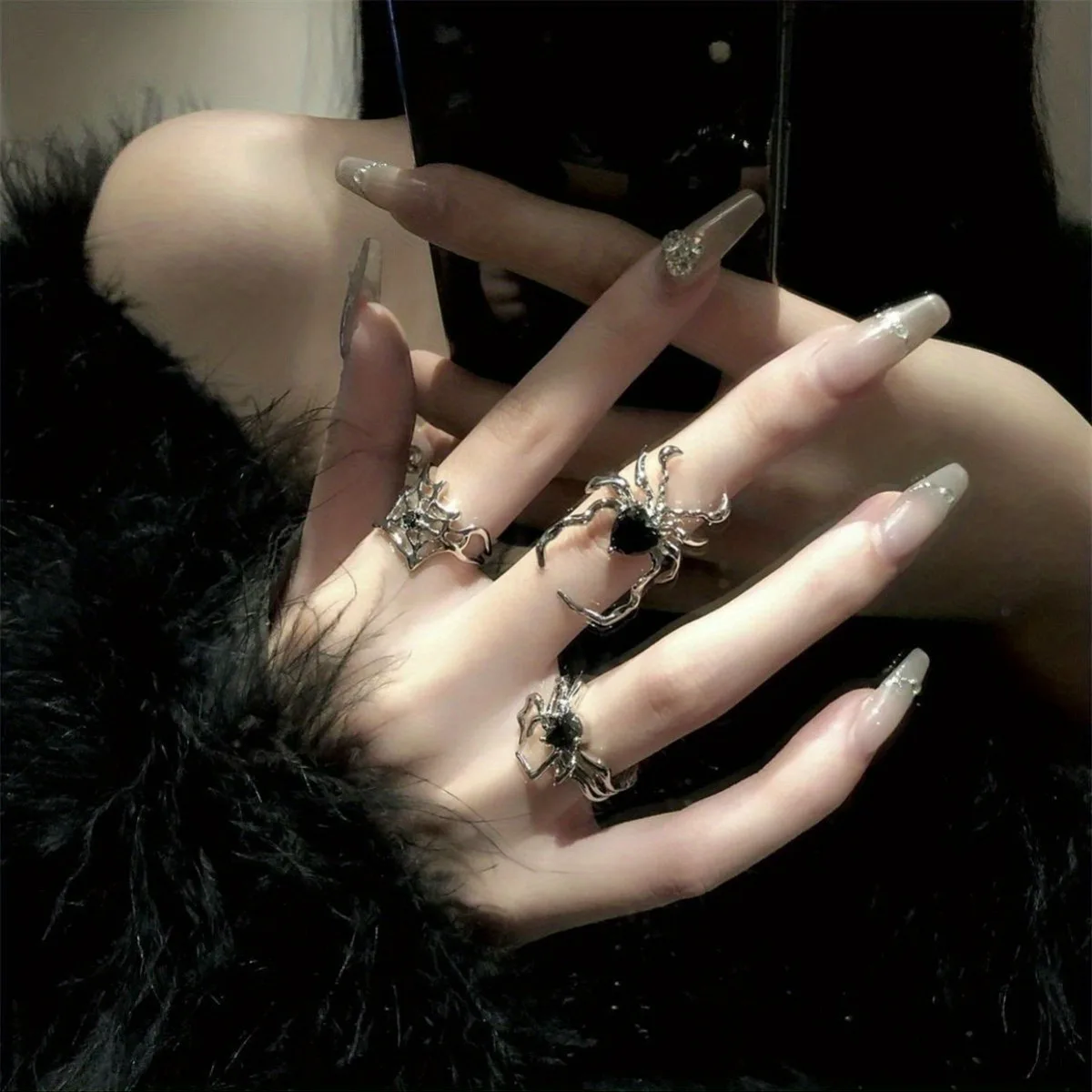 Ring Women's Black Spider Finger Combination Ring Hip Hop Gothic Everything Niche Design High Sense Fashion Holiday Party Open image 5