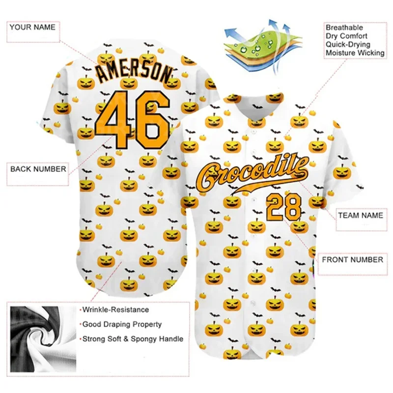 Autêntico Baseball Jersey, 3D Pattern Design, Halloween Padrão com Abóboras, Branco, Ouro, Preto, Personalizado