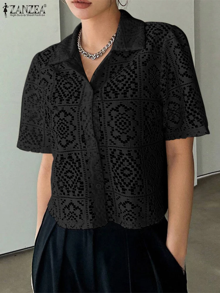 ZANZEA 2025 Summer Women Shirts Short Sleeve Tops Tunic Turn-down Collar Casual Loose Solid Color Hollow Out Elegant Blouses