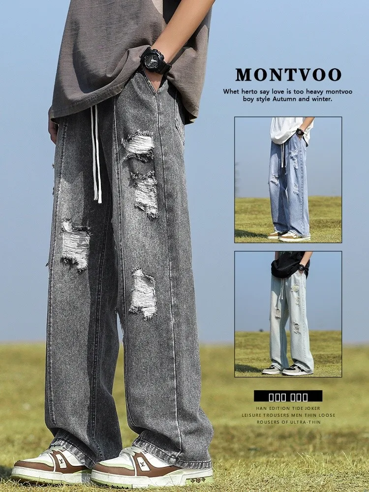 

Рваные мужские джинсы прямого кроя в американском стиле High Street, модный бренд, весна-лето, из смеси хлопка и полиэстера, износостойкие