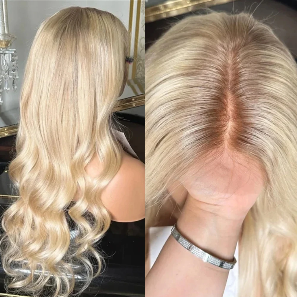 24 Inch Ash Roots Light Blonde Synthetic Lace Front Wig for Women Long Soft Body Wave Heat Resistant Premium Fibre Wig Cosplay
