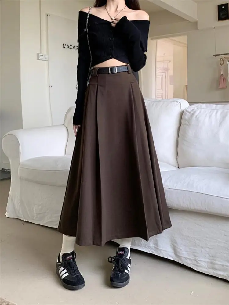 

French Vintage Women Black Grey Woolen Elegant A-line Long Skirt 2024 New Autumn Winter Brown Versatile Pleated Skirt Streetwear