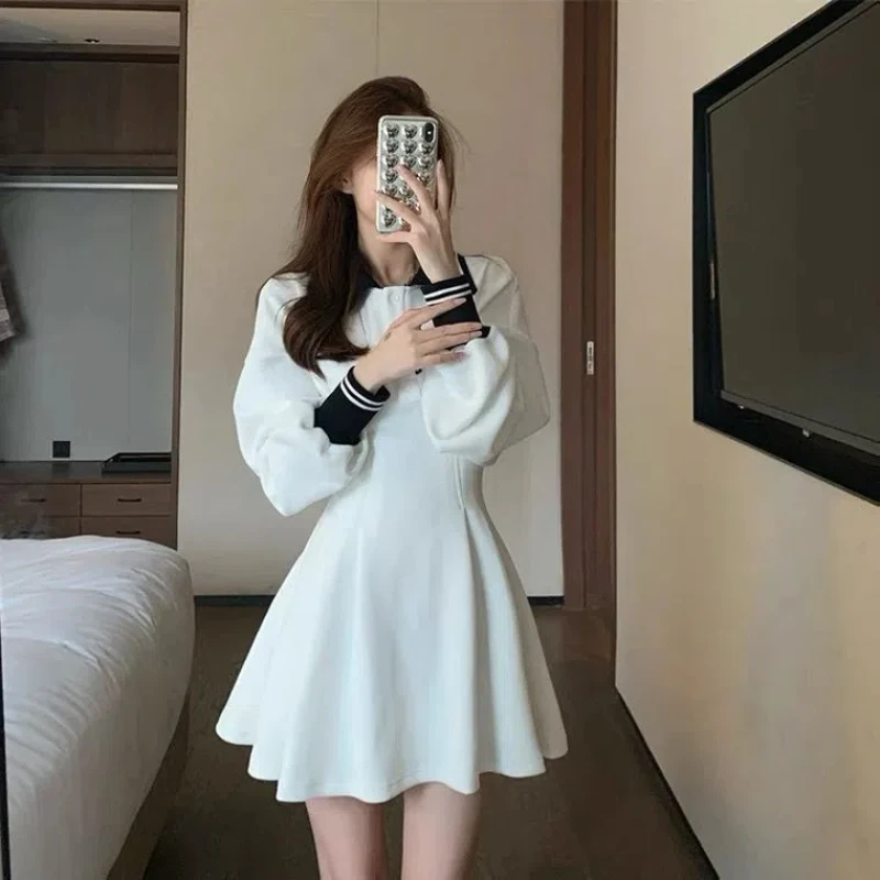 

French Retro College Style Temperament White Long Sleeved Polo Dress Early Autumn New Style for Women