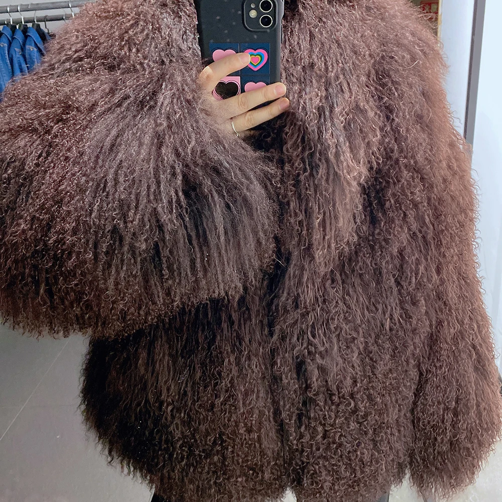 YOLOAgain Women's Real Mongolia Sheep Fur Jacket With Collar Plus Size Jacket Coat