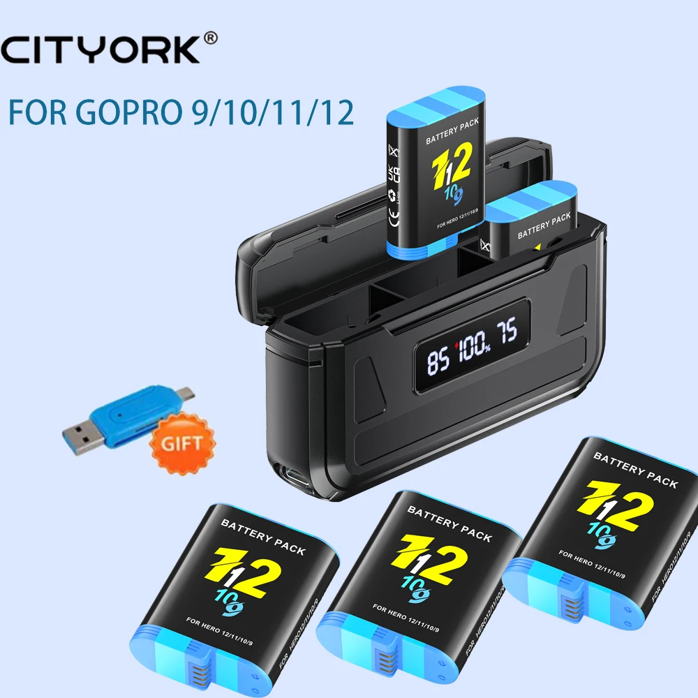 CITYORK 2000mAh Battery For GoPro Hero 9 GoPro Hero 10 GoPro Hero 11 GoPro 12 Sport Camera Battery With LCD 3-Slots Charger Box
