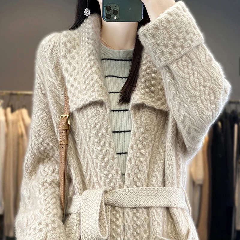 Heavy thick women\'s cardigan cardigan lapel solid color sweater mid-length sweater with sweater new autumn and winter wool coat