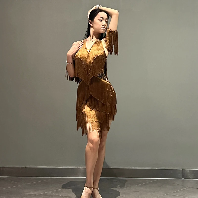 Women Backless Fringe Sexy Brown Dress Cha Cha Rumba Samba Tango Dance Costume Prom Wear Latin Dance Copetition Dress view 3