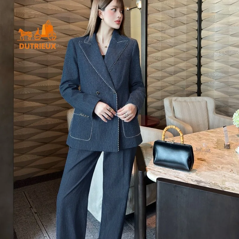 Autumn Double-breasted Suit Jacket and Wide-leg Pants with Wide-rimmed Ribbon Piping, 100% Cotton Leisure Fashion Suit Women
