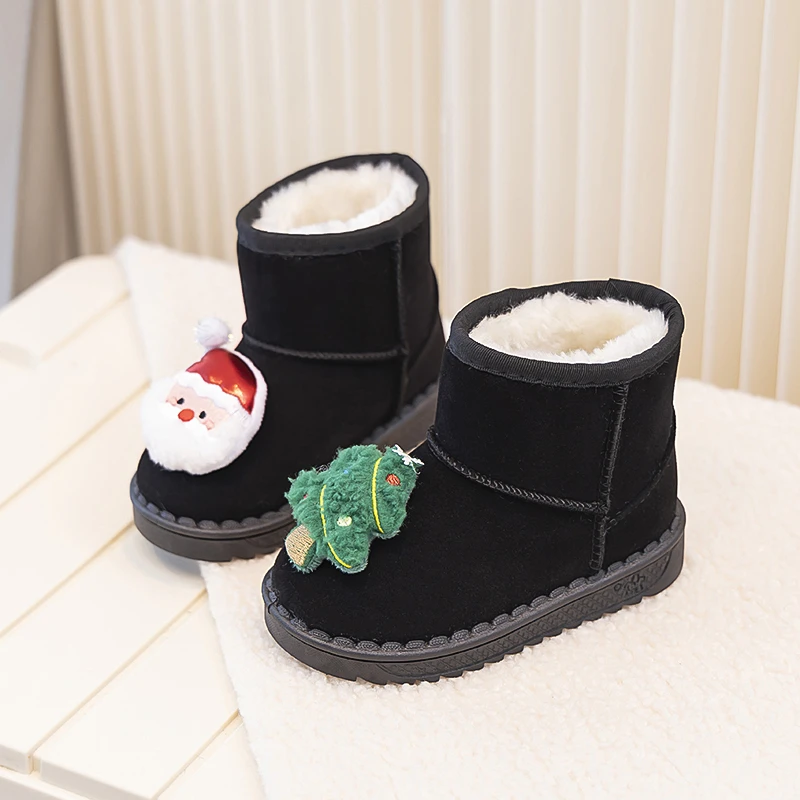 Botas de nieve antideslizantes para niños, zapatos deportivos cálidos de felpa, ciervo, Papá Noel, árbol de Navidad, decoración 3D, Invierno