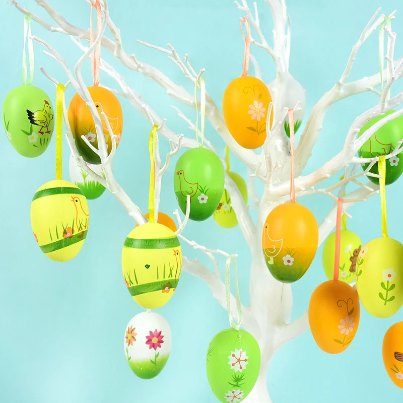 12pcs Plastic Easter Hanging Eggs Rabbit Chick Painted Egg Pendant DIY Craft For Easter Party Home Decoration Supplies Kids Gift