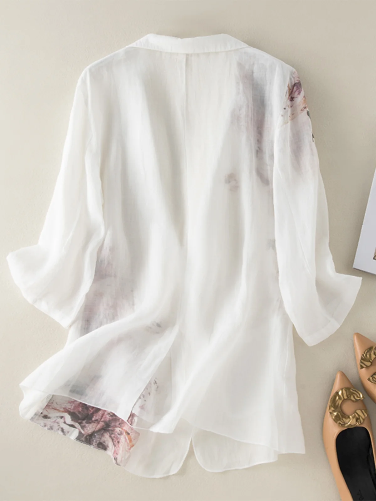 بدلة جايت من القطن والكتان مطبوعة على شكل حرف V-ne ort Sve كتان رفيع للحماية من الشمس قميص نسائي فضفاض بأزرار للتنقل... #3