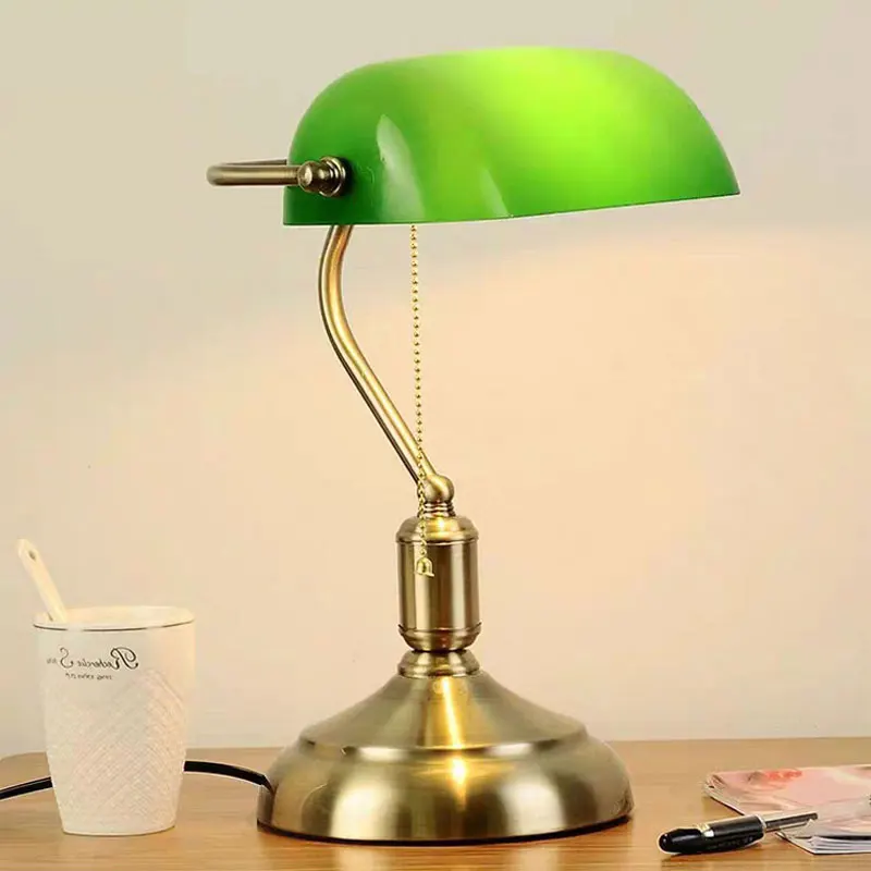 Bank Table Lamp European Style Glass Lamp Retro Office Desk Lamp Antique Copper Living Room Bedroom Decorative Bedside Desk Lamp