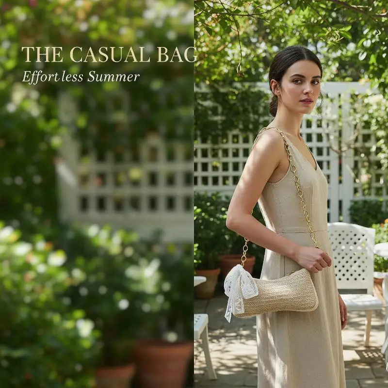 Woven Straw Underarm Bag Lace Bow Decor Gold Chain Strap Boho Style Shoulder Tote for Female Summer Daily Commute Travel