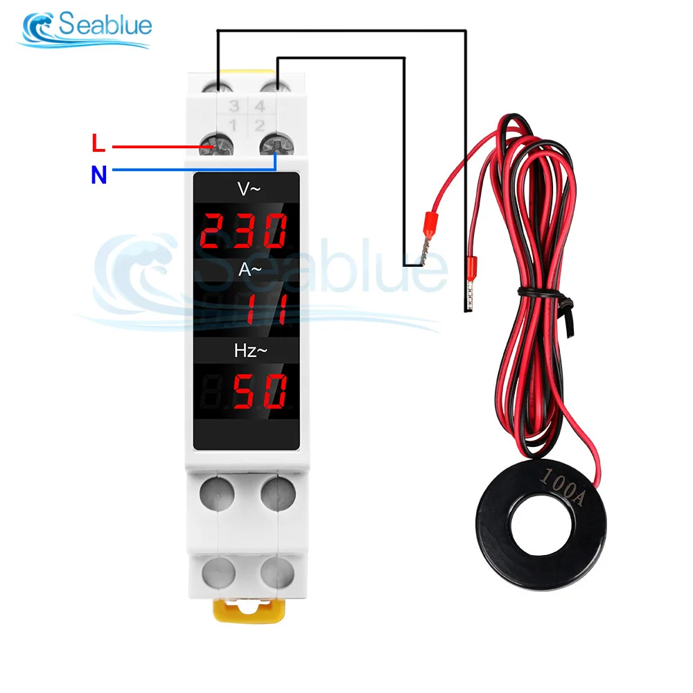 

LED Din Rail Digital Display Single Phase Voltage Current Frequency Meter Volt Ammeter Herz AC 80-500V 1-100A 0-99Hz Transformer