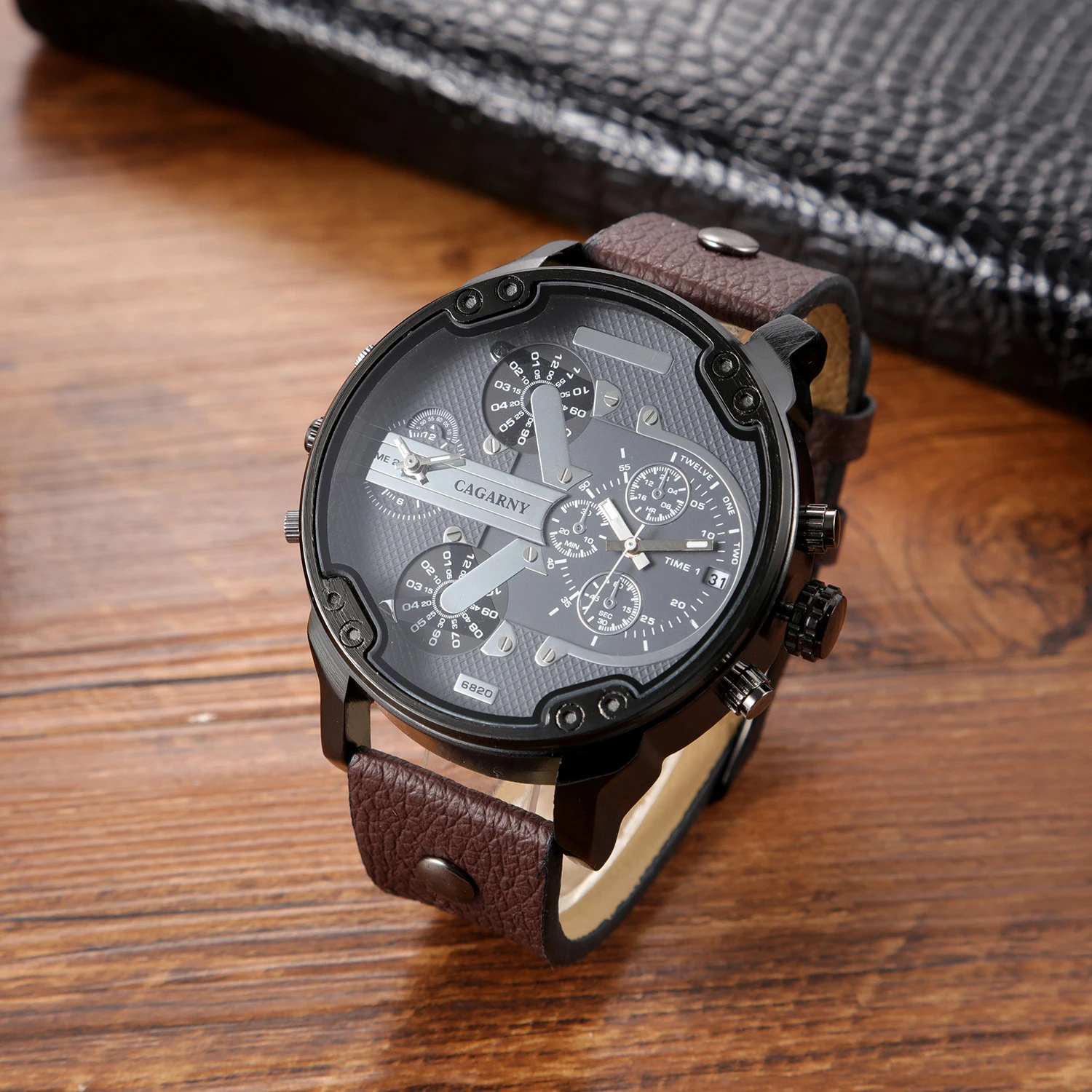 CAGARNY Original Brand Big dial 6820 dual time zone Leather Quartz Man Wristwatch Date Waterproof Fashion Casual Watches for Men