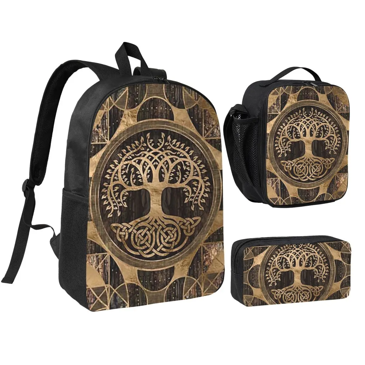 

Tree Of Life -Yggdrasil - Wood Bark And Gold Backpack BookBag School Bag Shoulder Bags 3ps Insulated Lunch Bag Pencil Case